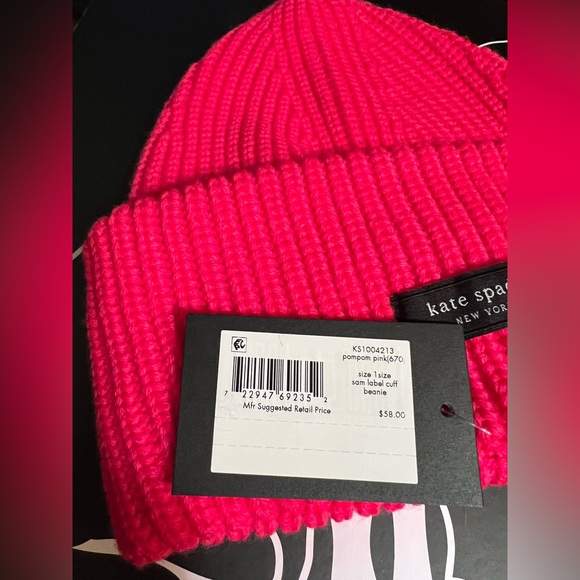Kate Spade New York NWT Beautiful Hot Pink Knit Sam Label Cuff Beanie Hat - Picture 3 of 5